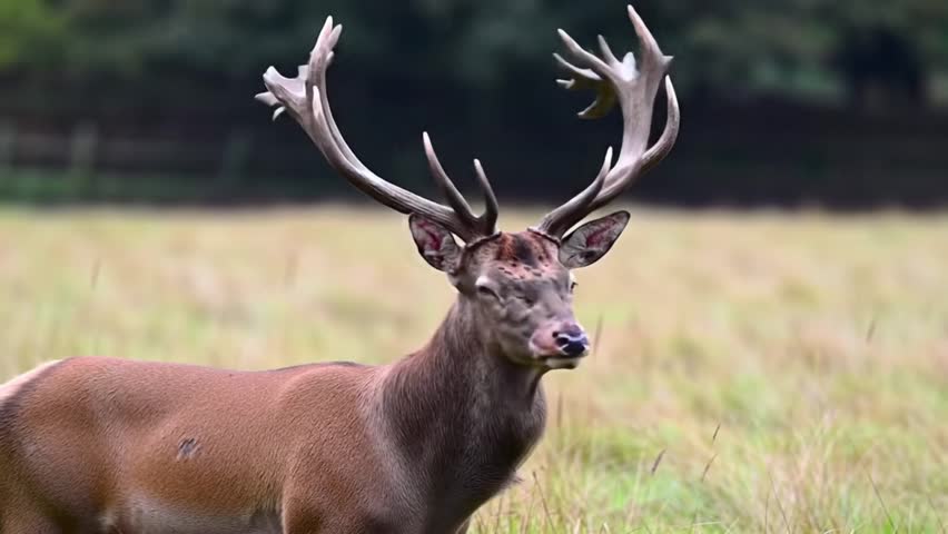 A large antlered fallow deer is lying in the meadow, resting. A quietly resting spotted deer in the meadow in the golden light. A buck of a male deer lies on the ground in a grassy field.

