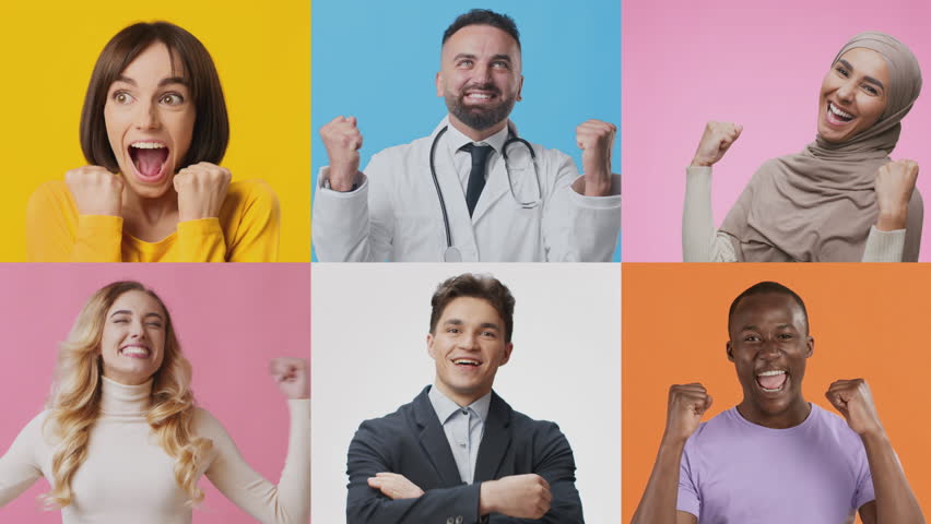 Set of cheerful individuals of various backgrounds express their emotions in a lively atmosphere. Each person shows gestures of celebration, embodying happiness and a sense of achievement.
