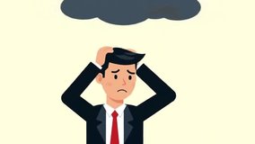 Cartoon businessman in  suit looks desperate and puts his head under a personal dark storm cloud. Symbols of rainfall and big flash flash and overwhelming stress, crisis, or Toro.
 - Powered by Shutterstock - Get 15% off with code: PIKWIZARD15