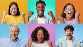 A joyful collage features diverse adults and children celebrating achievements with enthusiastic gestures. Their expressions reflect happiness, triumph, and a sense of community and togetherness. - Powered by Shutterstock - Get 15% off with code: PIKWIZARD15