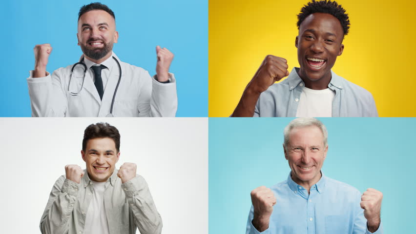 Collection of four happy men express excitement and joy with raised fists, celebrating their achievements against vibrant backgrounds. Their faces reflect a sense of triumph and enthusiasm.