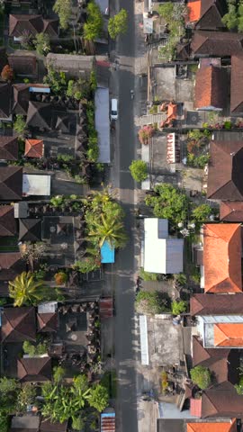Top-down aerial view of traditional Balinese houses and quiet village road in Ubud, Bali, Indonesia
