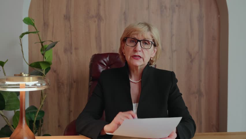 A mature executive holds a paper during a video meeting and expresses disappointment with visible errors. Her face and gestures reflect dissatisfaction and clear expectations. 4k footage
