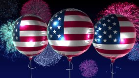USA flag balloons with fireworks background, seamless loop, 3D render. For Fourth of July American Independence Day and patriotic celebrations. - Powered by Shutterstock - Get 15% off with code: PIKWIZARD15