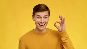 Collection of diverse young men smiling brightly while making an OK hand gesture, sense of satisfaction and positivity. Set of positive emotions on studio background, 4K - Powered by Shutterstock - Get 15% off with code: PIKWIZARD15