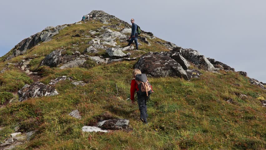 Family with kids and dog, hiking in Vaeroya island, the most famous hike Haen, children enjoying hiking on a sunny day