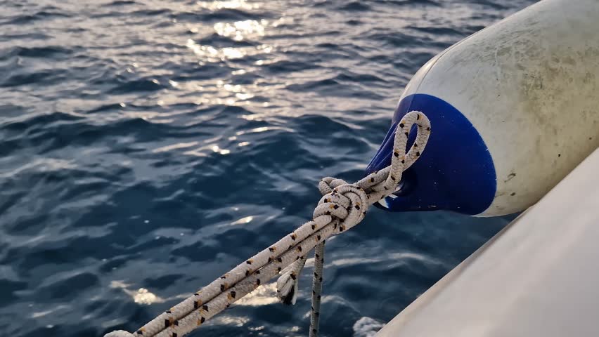 Boat bumper tied to the side of the boat. Marine fender or boat bumper close-up. Sea trip. Accessory. Fast boat ride on the sea, sea spray. Marine fenders. Plastic fender for a motorboat or sailboat