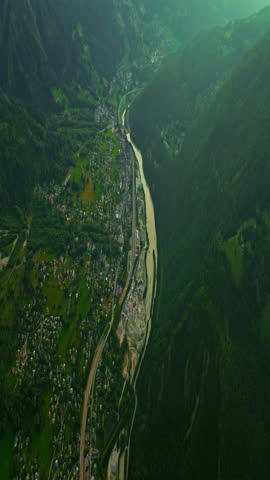 Drone view of Chamonix. Chamonix-Mont-Blanc is a resort town in France near the border with Switzerland and Italy. It is located at the foot of Mont Blanc, the highest peak in the Alps