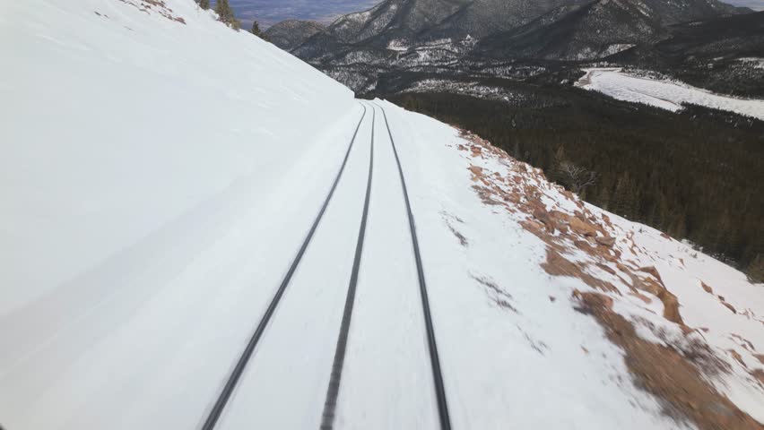 POV From Train On Snowy Cog Railway Traveling To Pikes Peak In Colorado, USA.