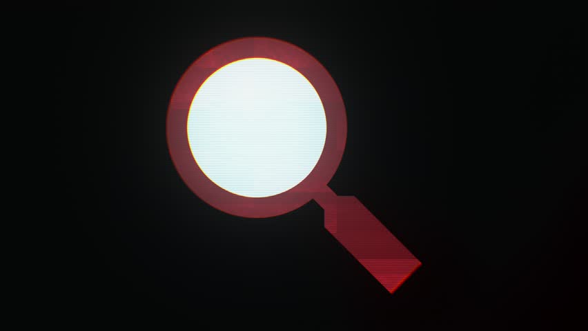 Red magnifying glass on black background with intentional glitch effect. Digital artifacts and blocks continuously appear, creating distorted fragmented visual. Searching, investigation, disruption.