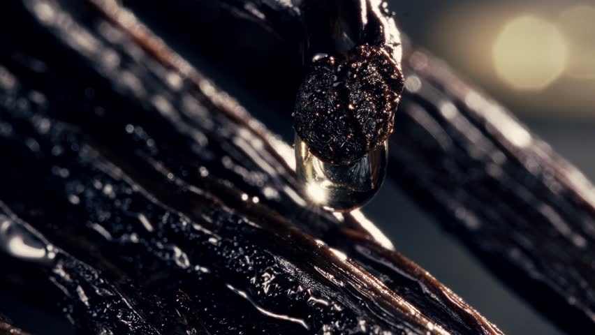Static macro shot of an open vanilla pod with a drop of essence suspended above, about to fall. Cinematic lighting, dark background, emphasizing the rich texture and natural detail of the vanilla.
