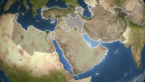 Spinning Earth with Middle East country maps. Loopable. Each country border freeze a few seconds to let you edit and change the order or duration. Elements of this video furnished by NASA.