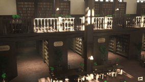 Library interior with labeled genre sections including mystery, literary fiction and SF. Tall wooden bookshelves filled with books, providing organized access to diverse literary. 3D Illustration - Powered by Shutterstock - Get 15% off with code: PIKWIZARD15