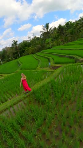 Cinematic FPV drone shot of woman in red dress walking through lush green rice terraces surrounded by tropical landscape and palm trees in Bali, Indonesia