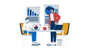 Diverse professionals discussing charts and graphs 2D characters doodle animation. Business meeting presentation. Statistics analysts animated people on white background. Cartoon 4K video drawing - Powered by Shutterstock - Get 15% off with code: PIKWIZARD15