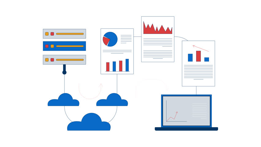 Transfer data analytics from server to laptop 2D animation. Cloud computing, database processing, business intelligence animated composition cartoon flat concept metaphor 4K video isolated on white - Powered by Shutterstock - Get 15% off with code: PIKWIZARD15