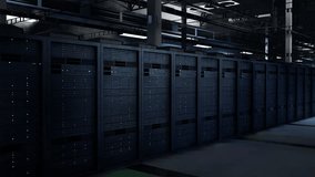Blade servers supplying computing power for AI training datasets. Data center mainframes in a row maintaining storage for machine learning, 3D render animation, trucking right shot. 3D Illustration - Powered by Shutterstock - Get 15% off with code: PIKWIZARD15