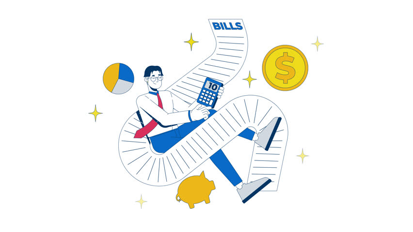 Paying bills happy 2D animation. Expenses control. Financial review budget. Asian man accountant calculating taxes animated character cartoon flat concept metaphor 4K video isolated on white