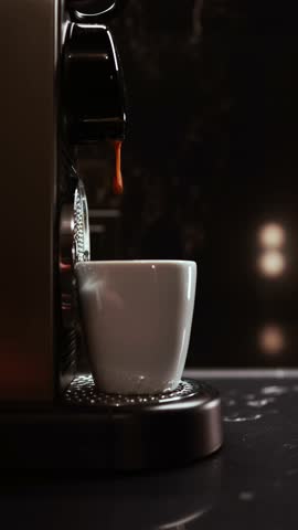 Espresso machine brewing a fresh cup of coffee into a white mug in a cozy kitchen setting. Creamy aromatic espresso coffee is poured in white porcelain mug. Dark background, vertical footage