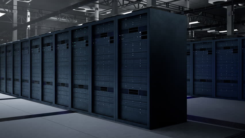 Infrastructure in high tech server hub managing computing resources essential for big data analytics. Server racks in dark data center storing information for predictive maintenance. 3D Illustration