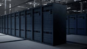 Infrastructure in high tech server hub managing computing resources essential for big data analytics. Server racks in dark data center storing information for predictive maintenance. 3D Illustration - Powered by Shutterstock - Get 15% off with code: PIKWIZARD15