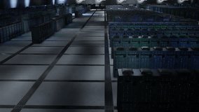 Server racks in data center maintaining datasets crucial to AI applications, aerial shot. Mainframes in server room supplying scalable computing power required for simulations and AI. 3D Illustration - Powered by Shutterstock - Get 15% off with code: PIKWIZARD15