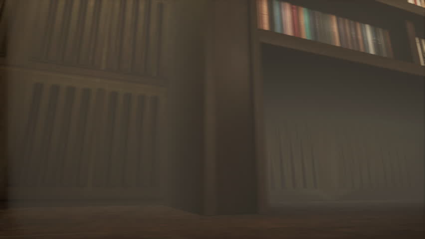 Quiet vintage library with tall wooden bookshelves and sunshine rays lighting room. Archive bookstands filled with books offering calm environment for reading and research, trucking. 3D Illustration