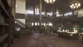 Elegant vintage library space with sections labeled for literary genres furnished with study desks, green reading lamps and tall bookcases used for deep reading and scholarly. 3D Illustration - Powered by Shutterstock - Get 15% off with code: PIKWIZARD15