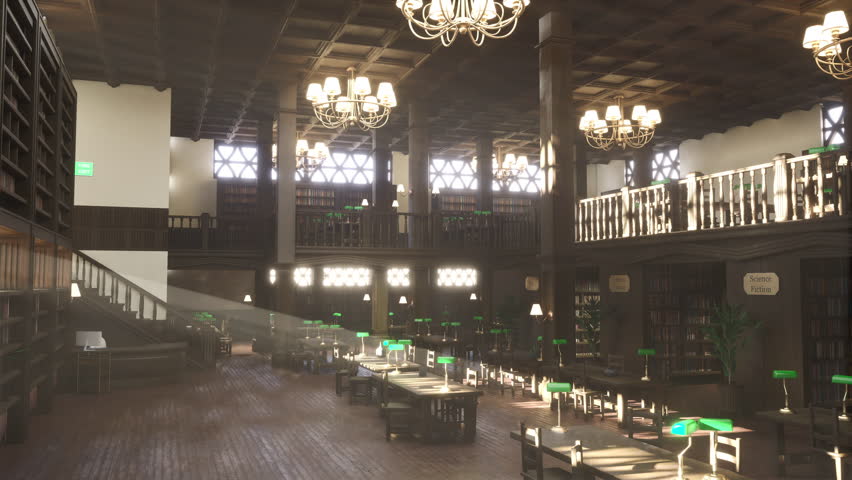Empty vintage library furnished with study desks and green lamps, 3D rendering. Wooden bookshelves in quiet university study area encouraging intellectual focus, dolly in shot. 3D Illustration