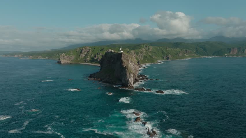 Cape Kamui Lighthouse At Kamuimisaki Natural Park In Kozakicho, Shakotan, Shakotan District, Hokkaido, Japan. Aerial Drone Shot