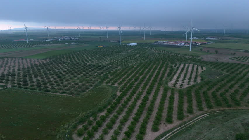 Tracking shot moving sideways past a wind turbine at sunrise, highlighting the rotor and geometric crop patterns across a vast renewable energy landscape