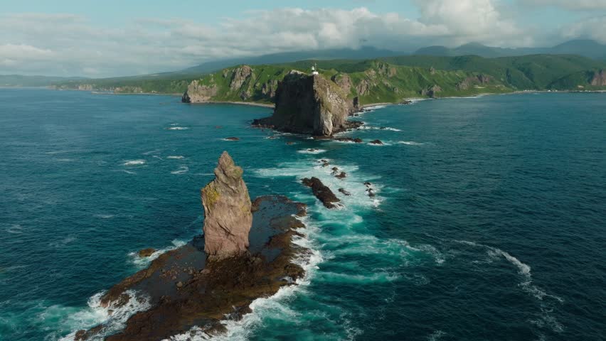 Towering Kamui Rock Of Cape Kamui In Shakotan District, Hokkaido, Japan. Aerial Drone Shot