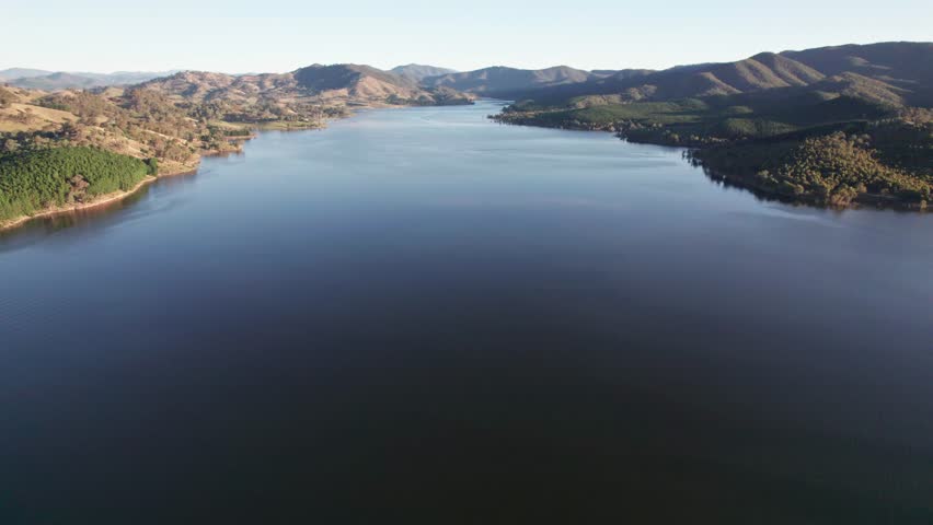 Drone footage of Lake Eildon, near Mansfield in central Victoria, Australia. The storage was 97% full. February 2024.