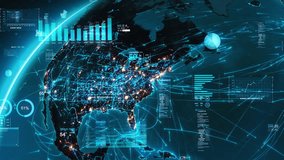 Digital Grid Over Planet Earth Surface at Night. Animation of Planet Earth Rotating with Holographic Connections and Financial Charts over Europe and North America.  Business and Technology Concept. - Powered by Shutterstock - Get 15% off with code: PIKWIZARD15