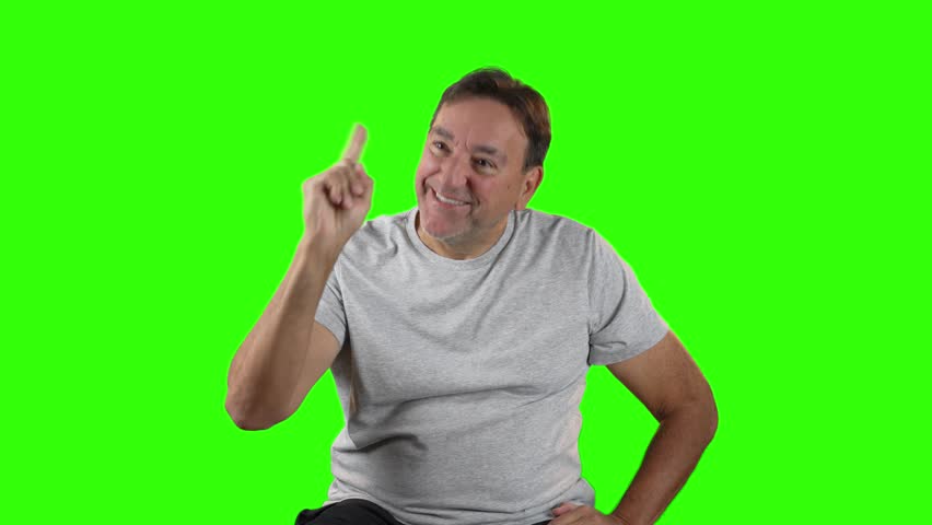 Man in gray shirt touches his face while deep in thought, looking upward as if trying to solve a problem or come up with an idea. Green screen allows full flexibility.  	
