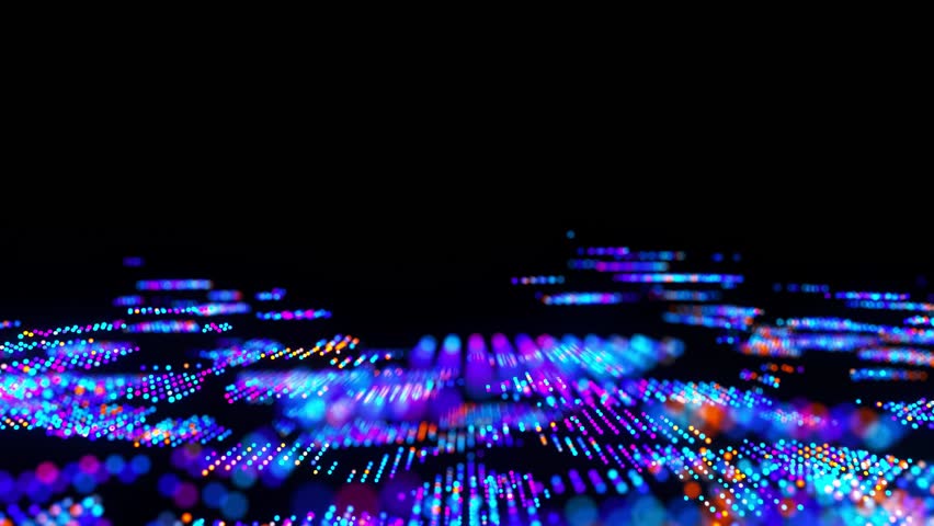 Looped animation with abstract data flow, glitch effects, 3D particles, tech grid, binary code, and sound waves. A futuristic digital background full of energy and depth.