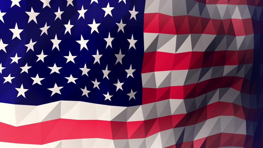 Seamless looping animation of a low poly United States flag waving in the wind, with stylized geometric surfaces and continuous motion emphasizing red, white, and blue colors.