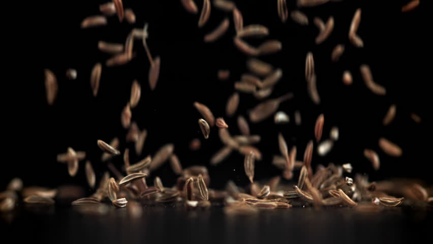 Cumin seeds fall on the table. Filmed on a high-speed camera at 1000 fps. High quality FullHD footage
