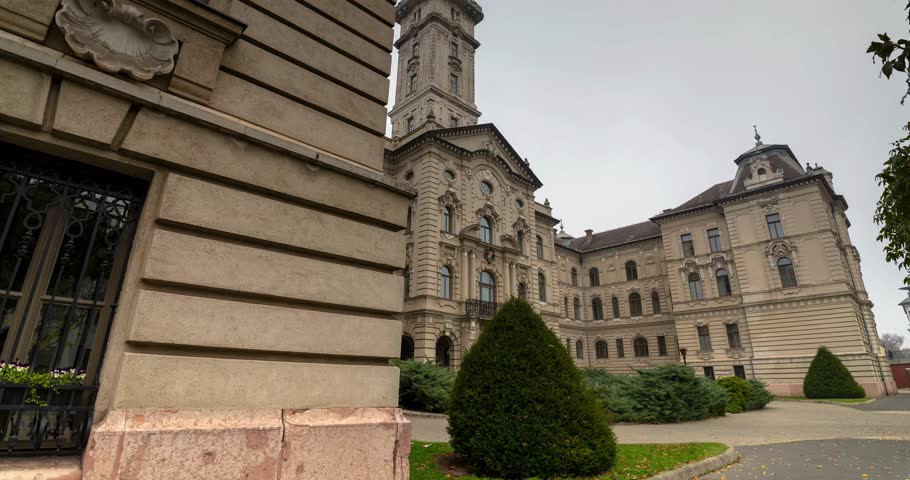 Győr, Hungary - November 10, 2024: Time Warp: Hyperlapse Captures Győr’s City Hall in Mesmerizing Motion.