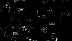 Mathematical formulas and chemical equations float in a dark void, symbolizing deep science, complex calculations, and abstract thinking in physics, chemistry, and mathematics. High quality 4k footage - Powered by Shutterstock - Get 15% off with code: PIKWIZARD15