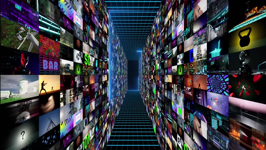 Abstract digital 3d animation with two walls of video montages and neon glowing lines around. Camera moving ahead