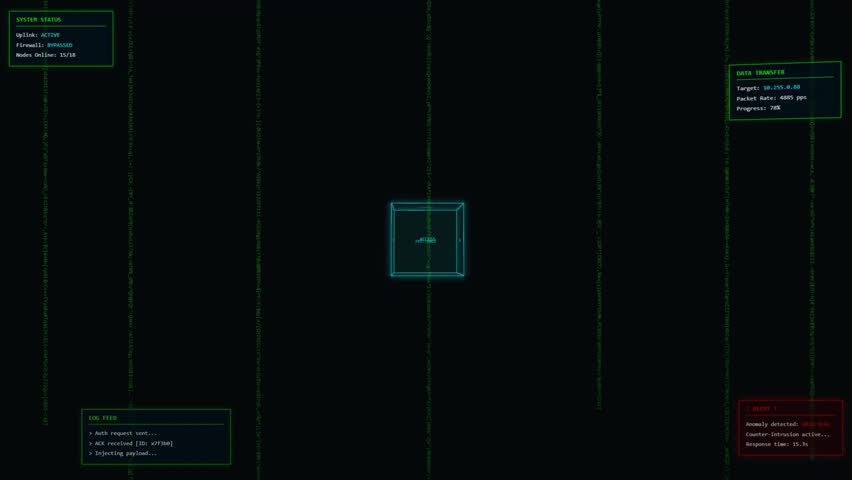 Cinematic futuristic holographic interface. Features a central rotating 3D cube, glowing info panels, bright vertical data streams, and subtle glitch effects. Sci-fi tech dashboard or HUD.