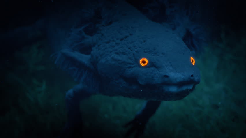Salamander Underwater With Glowing Eyes