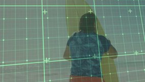 Senior woman crouching shoreline interacting with green grid overlay over ocean in technology. Diversity, technology, calm, contemplative, experimentation, innovation, interface - Powered by Shutterstock - Get 15% off with code: PIKWIZARD15