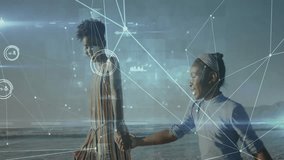 Mother and daughter walking on sandy beach, showcasing technology data overlay visualizations. Family, beach, summer, outdoors, connection, serenity, vibrant - Powered by Shutterstock - Get 15% off with code: PIKWIZARD15