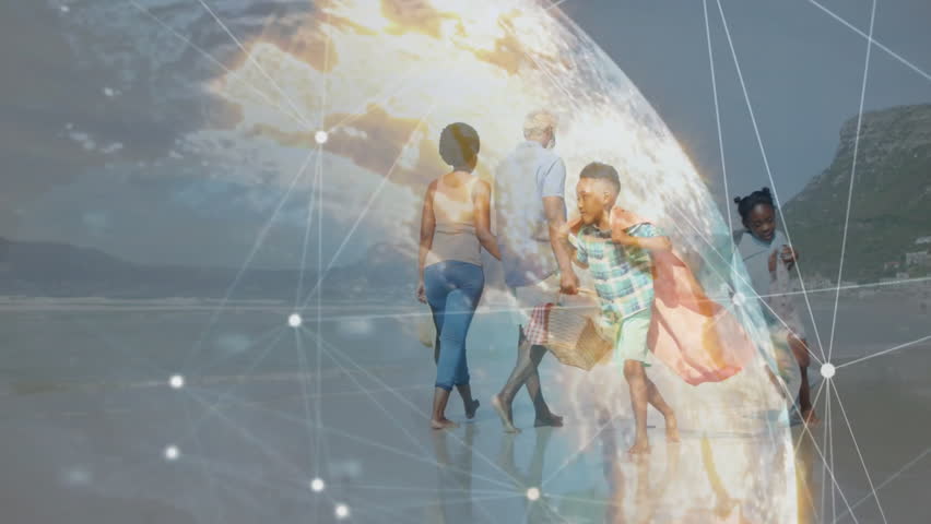 Family walking and running on sandy beach, showcasing technology with holographic globe overlay. Family, leisure, outdoor, scenic, summer, relaxation, connectivity