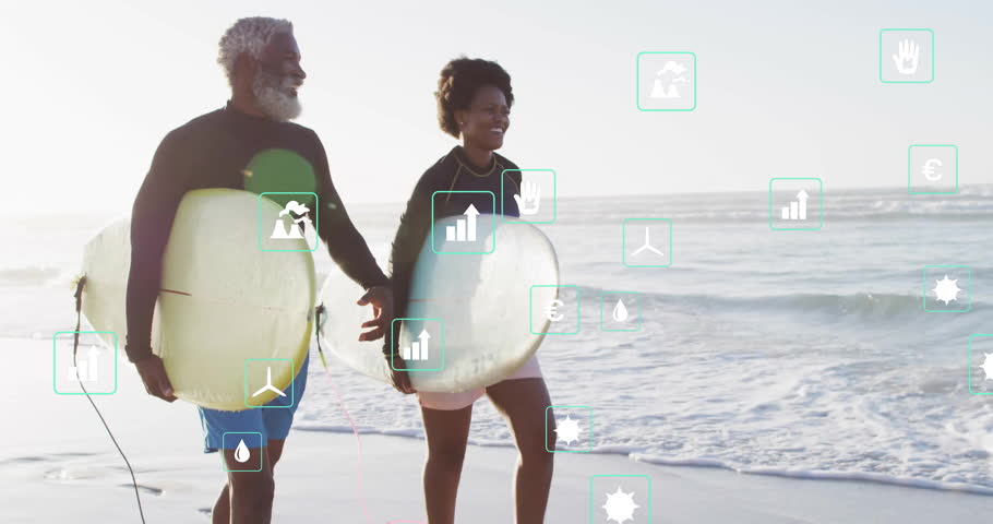 couple holding surfboards in shallow coastal water, displaying sustainability icons and bar charts. Adventure, coastal, ocean, leisure, eco-friendly, outdoor, vitality
