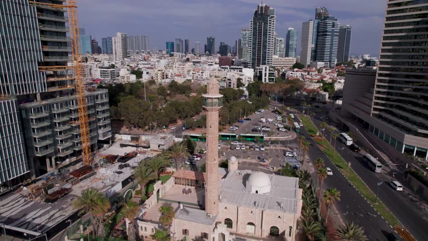 Urban aerial video over the city of Tel Aviv Israel