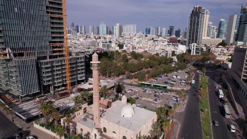Urban aerial video over the city of Tel Aviv Israel