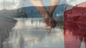 Couple holding hands over harbor scene, involving animated finance graph and money bag icons. Romantic, tranquility, serenity, nautical, reflection, connection, companionship - Powered by Shutterstock - Get 15% off with code: PIKWIZARD15